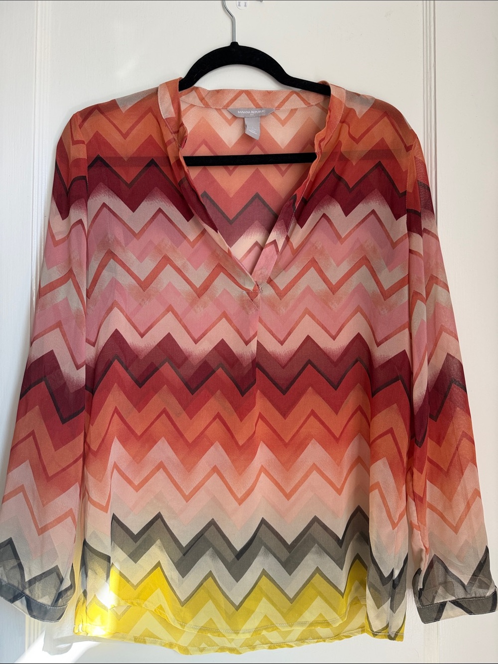 Banana Republic Chevron V-Neck Blouse in Pink, Coral, Yellow and Gray